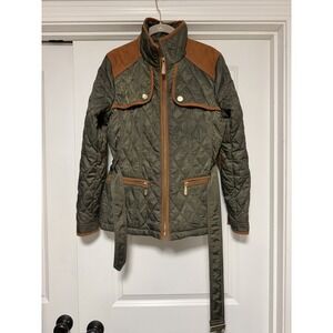 Vince Camuto Women's Olive Green Quilted Field Jacket Faux Suede Patch Belted M
